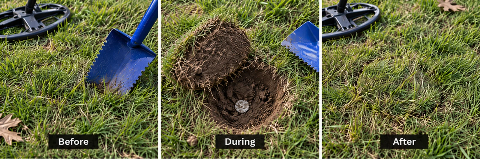 Before, during, and after views of a carefully cut grass plug used to recover a metal-detecting find without leaving visible damage