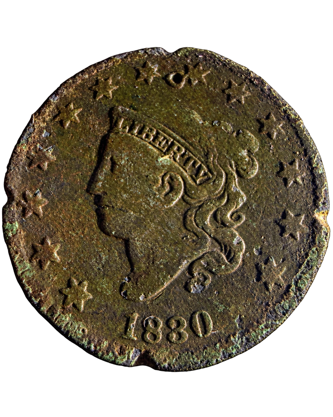 1830 Liberty Head coin showing a left-facing Liberty portrait surrounded by stars, green patina, and the date 1830.