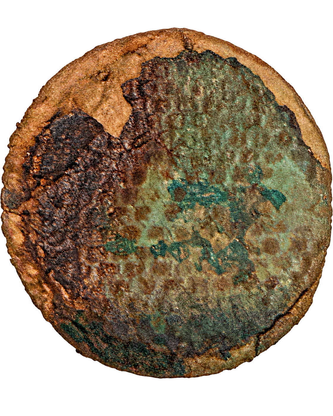 Early 1800s two-piece button with a heavily weathered surface, green patina, and an orange-brown edge.