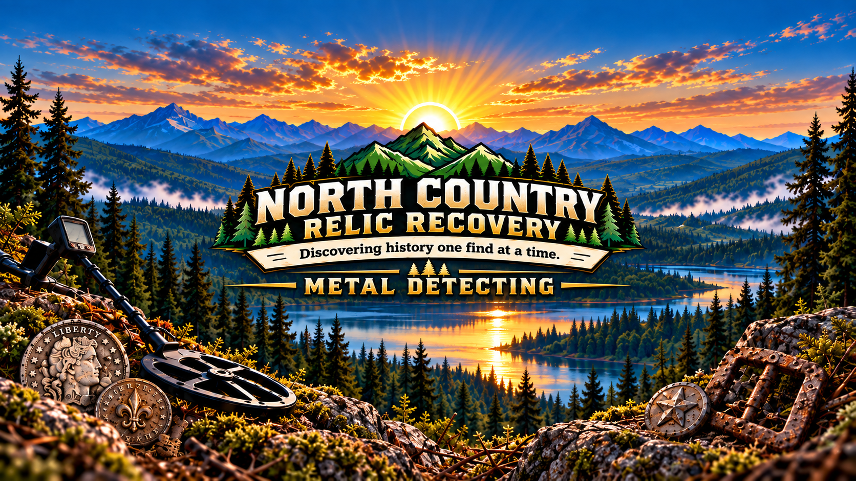 North Country Relic Recovery - Sunrise landscape with metal detector and relics